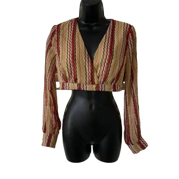 Papaya Crop Top M Red and Rand Stripe V Neck Crop Top - Picture 1 of 6